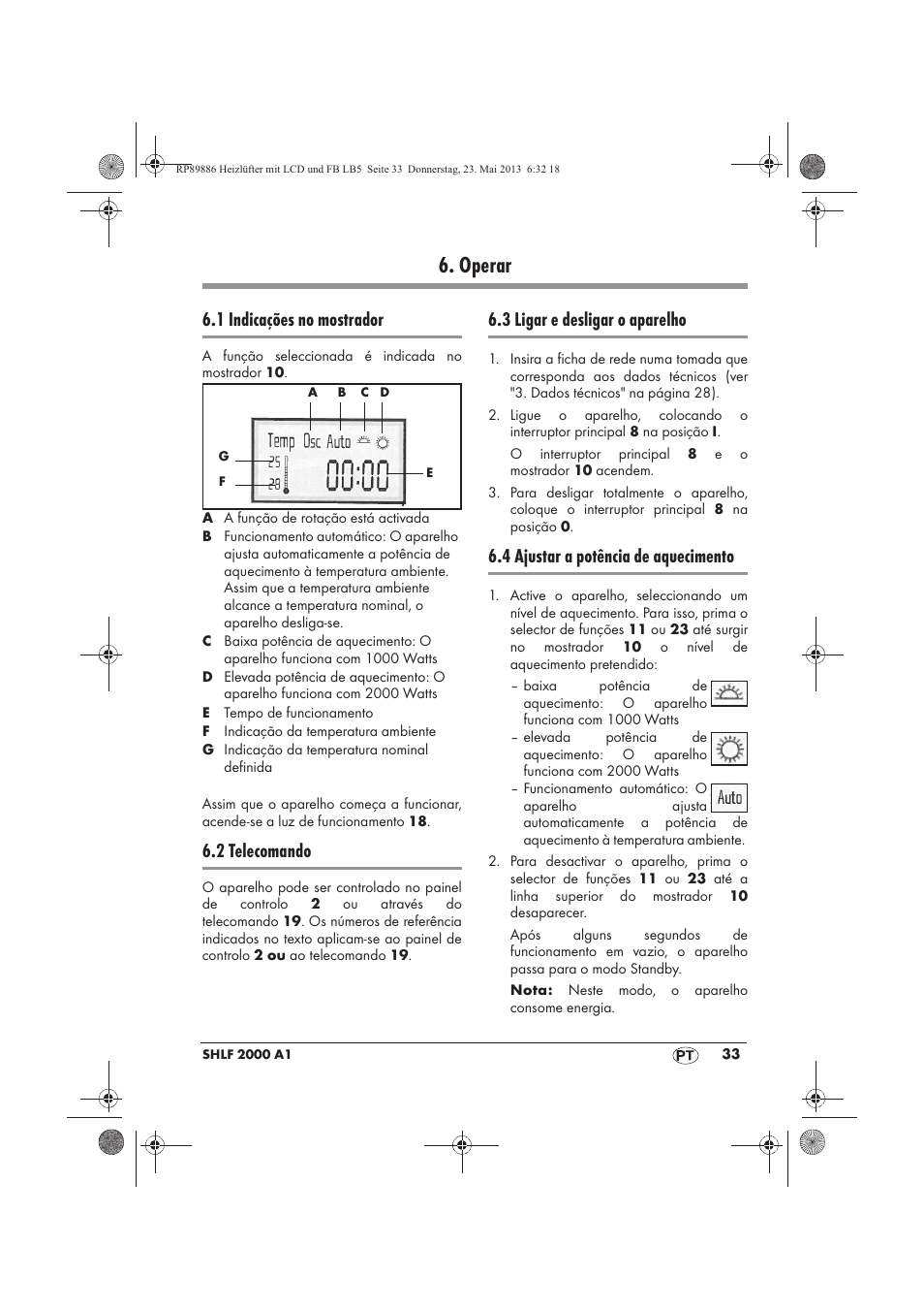 Operar, 1 indicações no mostrador, 2 telecomando | 3 ligar e desligar o aparelho, 4 ajustar a potência de aquecimento | Silvercrest SHLF 2000 A1 User Manual | Page 35 / 66