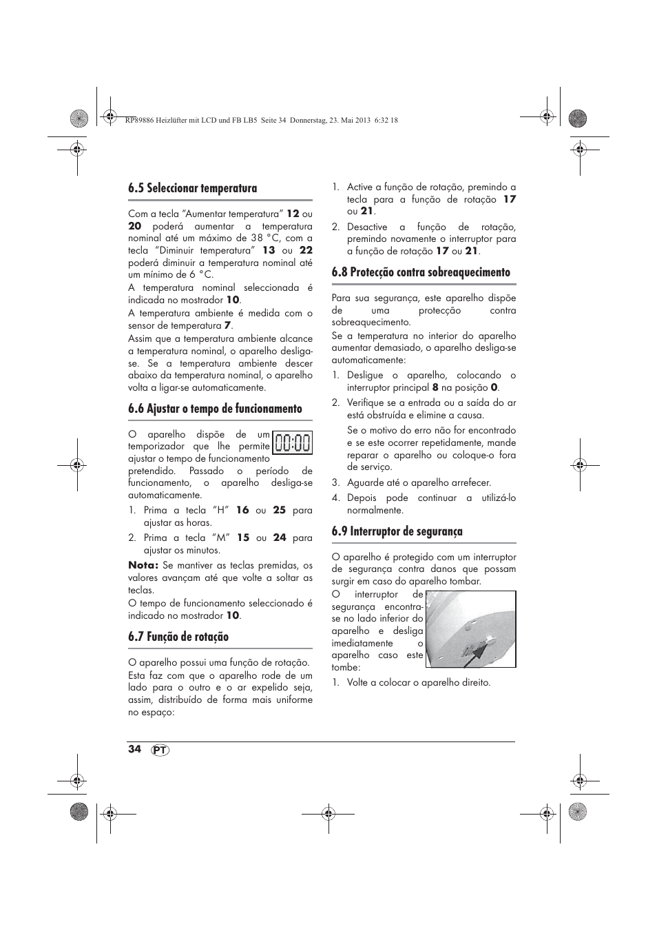 5 seleccionar temperatura, 6 ajustar o tempo de funcionamento, 7 função de rotação | 8 protecção contra sobreaquecimento, 9 interruptor de segurança | Silvercrest SHLF 2000 A1 User Manual | Page 36 / 66