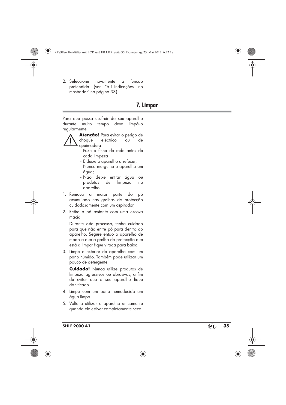 Limpar | Silvercrest SHLF 2000 A1 User Manual | Page 37 / 66