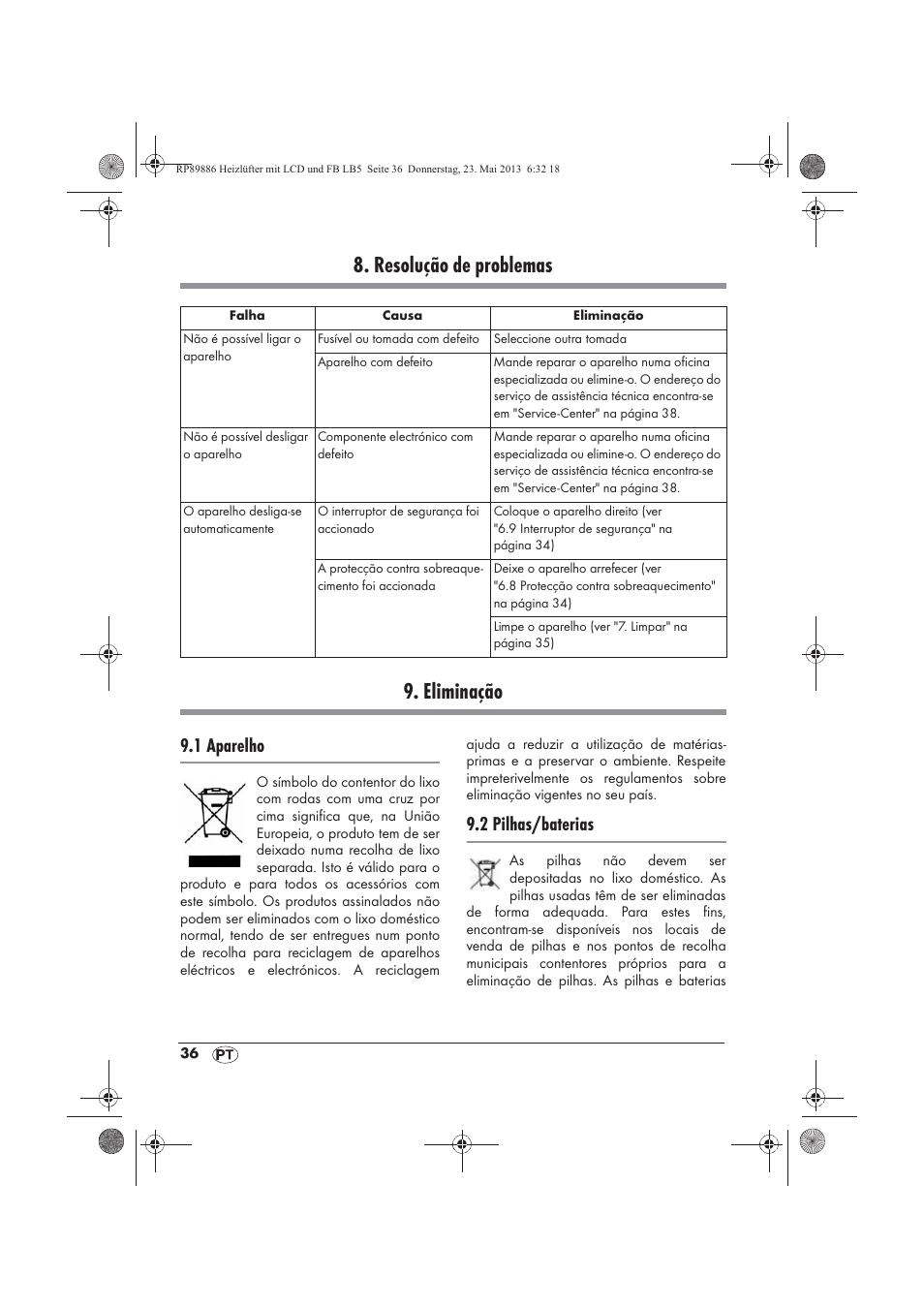 Resolução de problemas 9. eliminação, 1 aparelho, 2 pilhas/baterias | Silvercrest SHLF 2000 A1 User Manual | Page 38 / 66