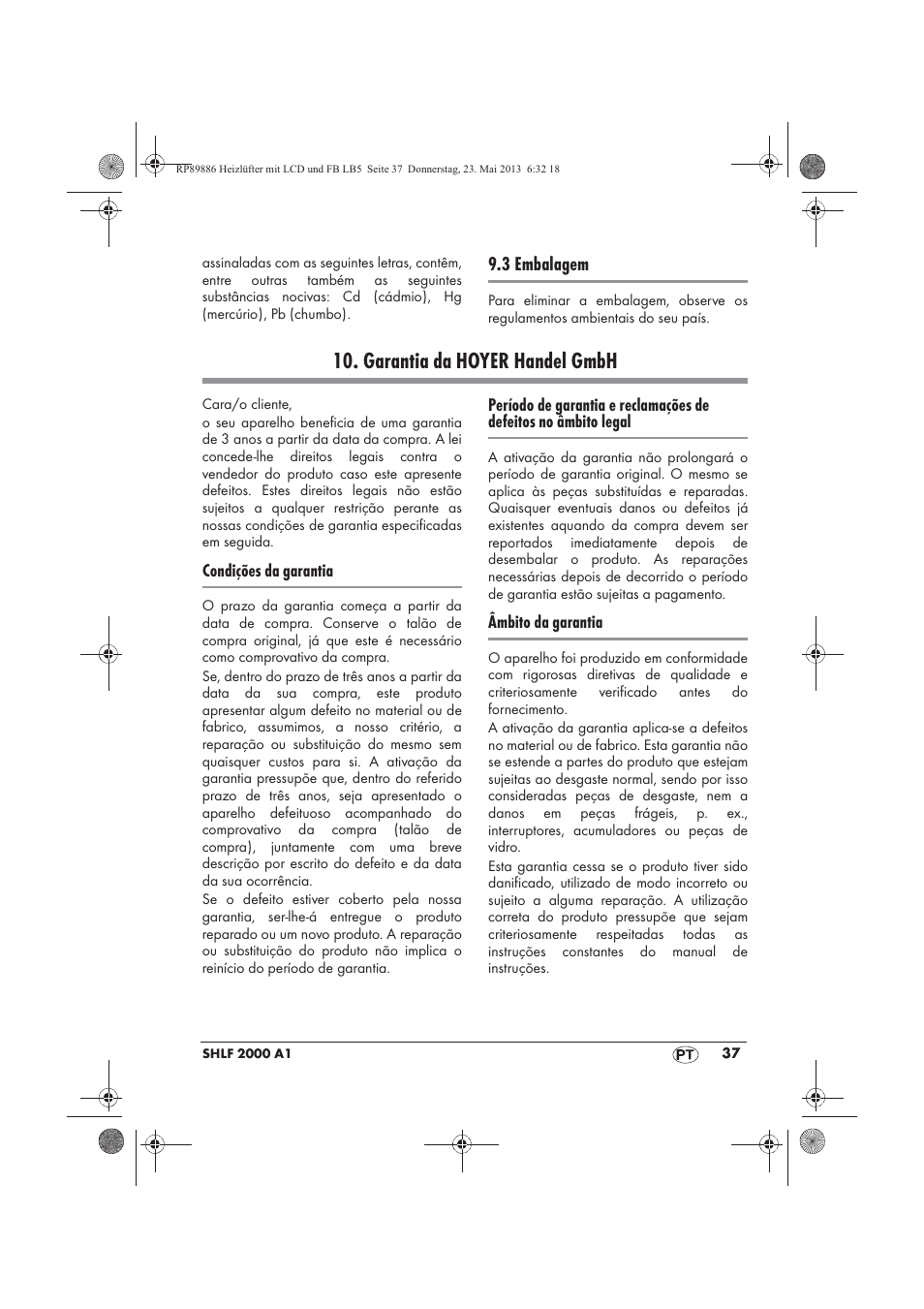 Garantia da hoyer handel gmbh | Silvercrest SHLF 2000 A1 User Manual | Page 39 / 66