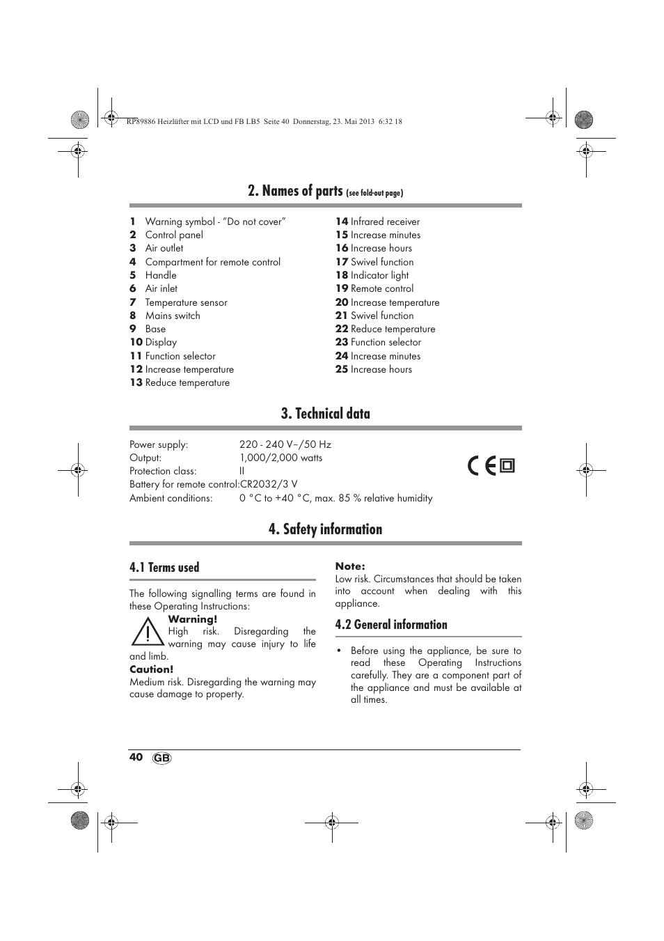 Names of parts, Technical data, Safety information | 1 terms used, 2 general information | Silvercrest SHLF 2000 A1 User Manual | Page 42 / 66