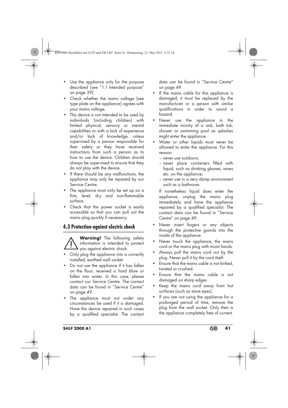 3 protection against electric shock | Silvercrest SHLF 2000 A1 User Manual | Page 43 / 66