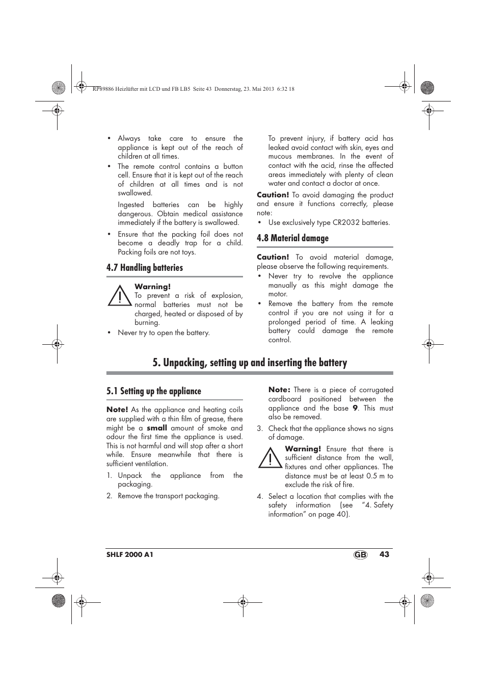 Unpacking, setting up and inserting the battery, 7 handling batteries, 8 material damage | 1 setting up the appliance | Silvercrest SHLF 2000 A1 User Manual | Page 45 / 66