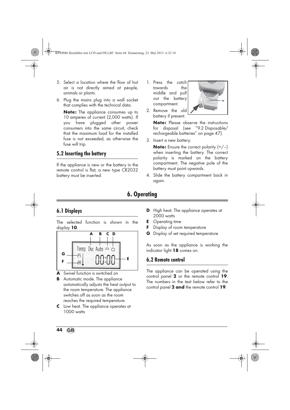 Operating, 2 inserting the battery, 1 displays | 2 remote control | Silvercrest SHLF 2000 A1 User Manual | Page 46 / 66