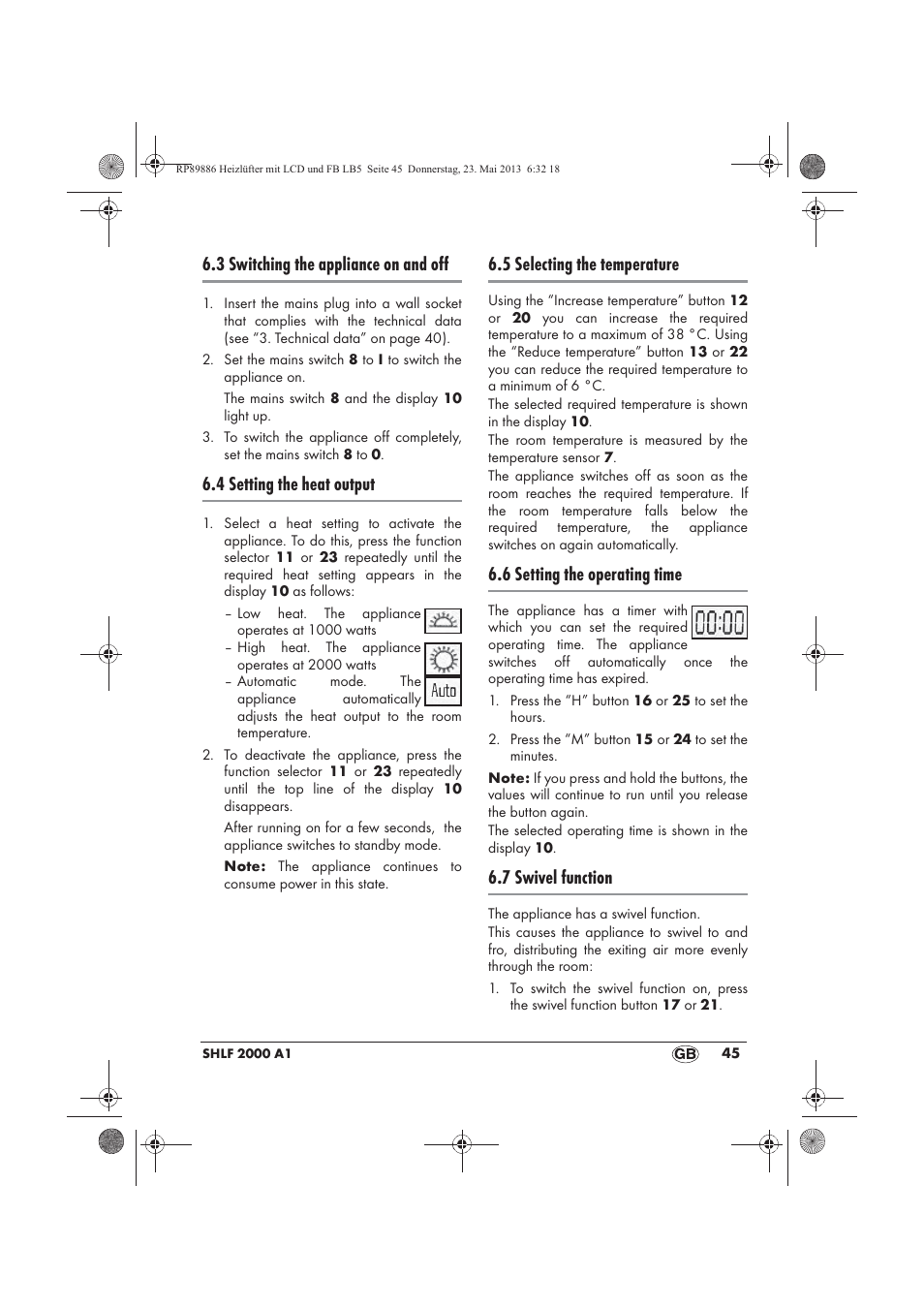 3 switching the appliance on and off, 4 setting the heat output, 5 selecting the temperature | 6 setting the operating time, 7 swivel function | Silvercrest SHLF 2000 A1 User Manual | Page 47 / 66