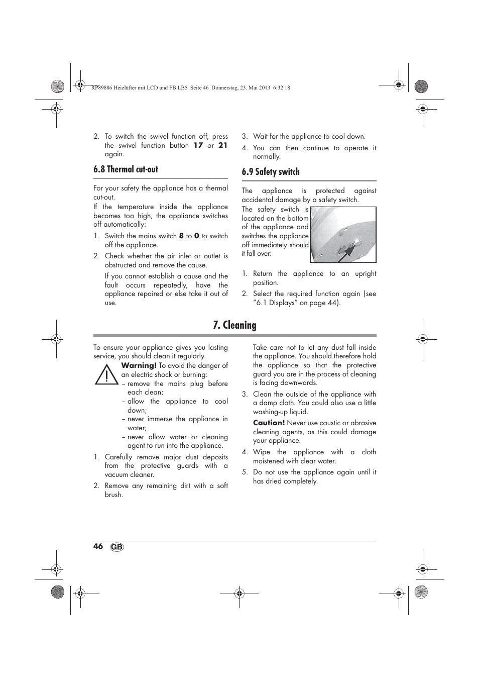 Cleaning, 8 thermal cut-out, 9 safety switch | Silvercrest SHLF 2000 A1 User Manual | Page 48 / 66