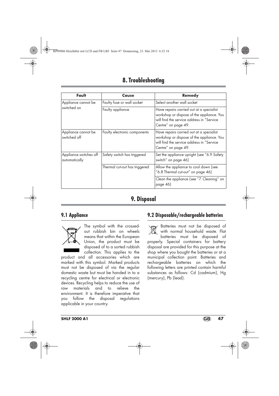 Troubleshooting 9. disposal, 1 appliance, 2 disposable/rechargeable batteries | Silvercrest SHLF 2000 A1 User Manual | Page 49 / 66