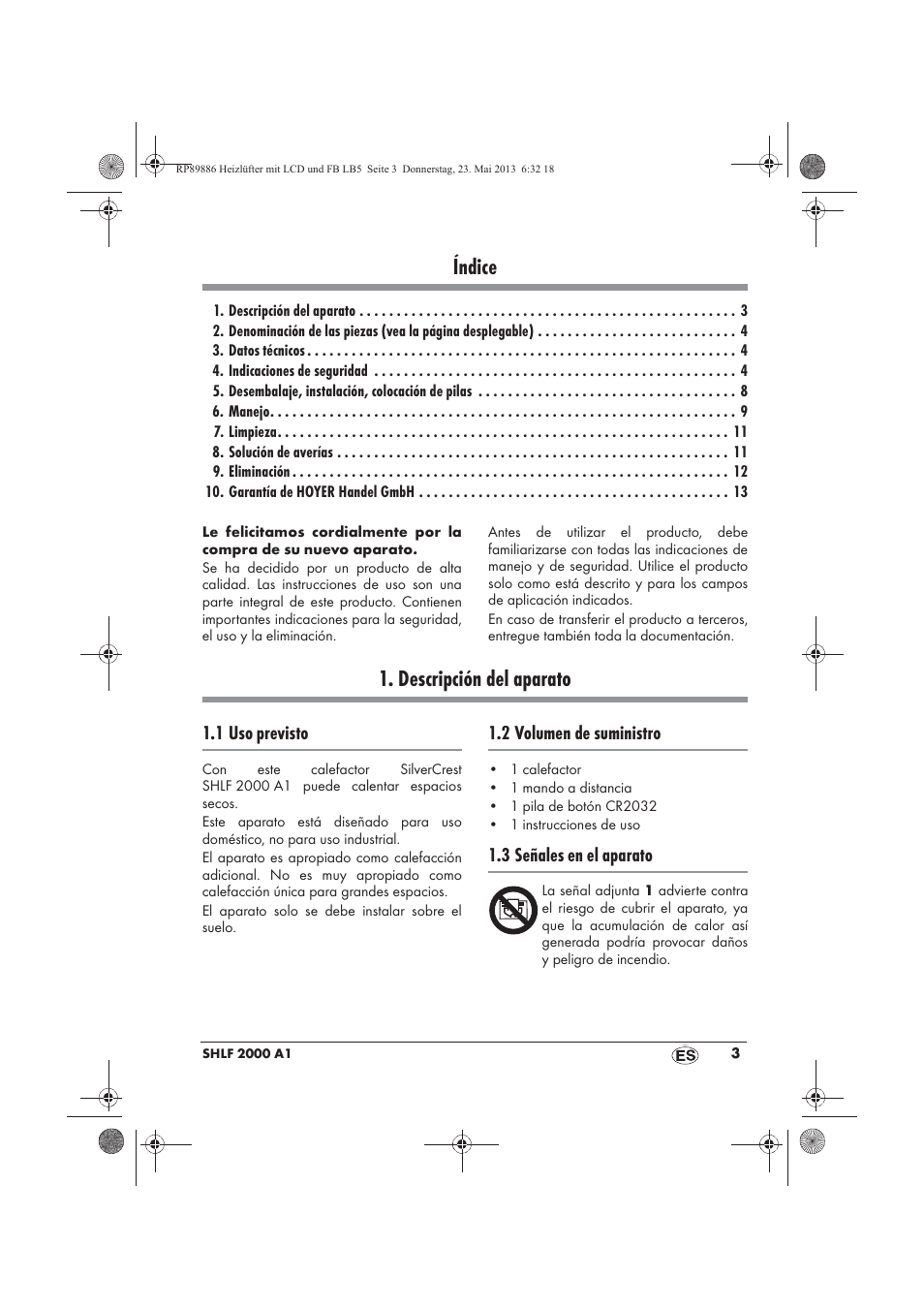 Índice, Descripción del aparato | Silvercrest SHLF 2000 A1 User Manual | Page 5 / 66