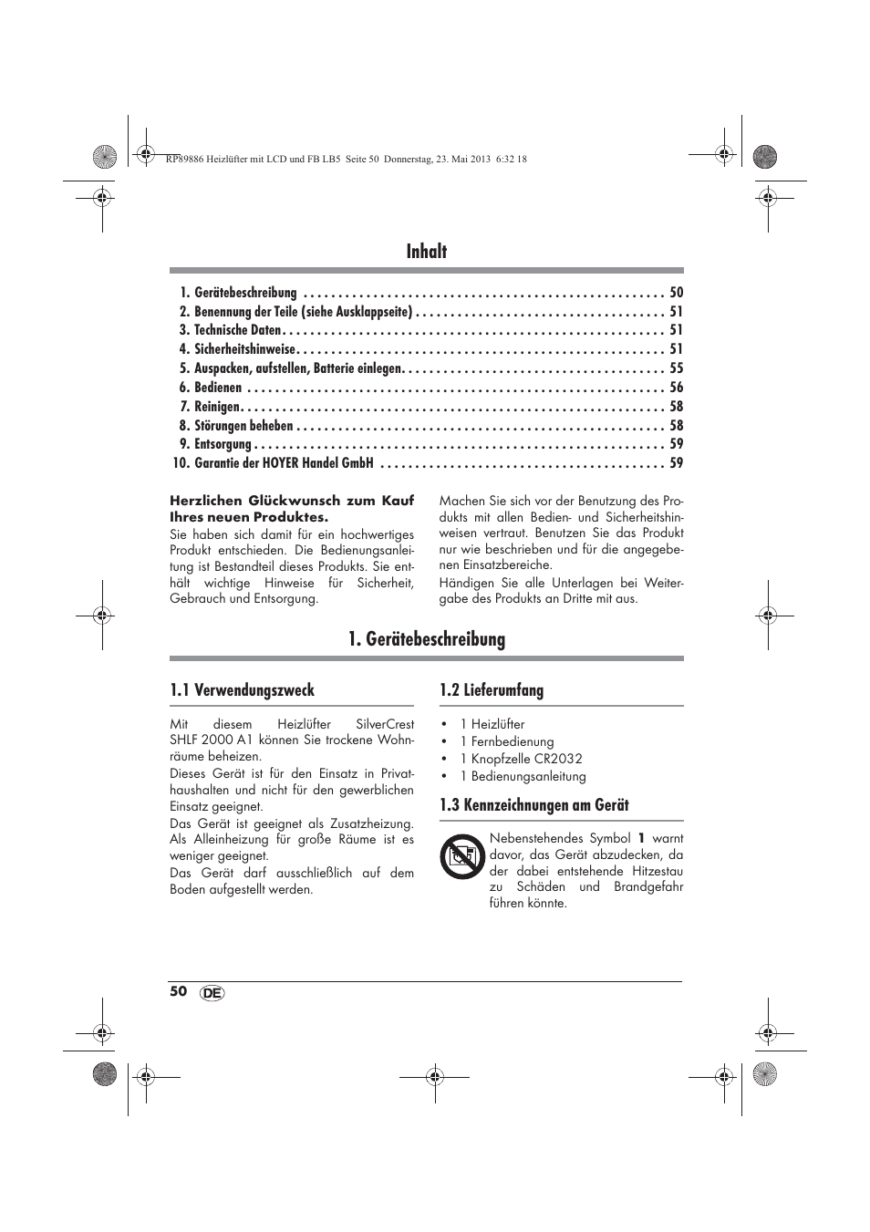 Inhalt, Gerätebeschreibung | Silvercrest SHLF 2000 A1 User Manual | Page 52 / 66