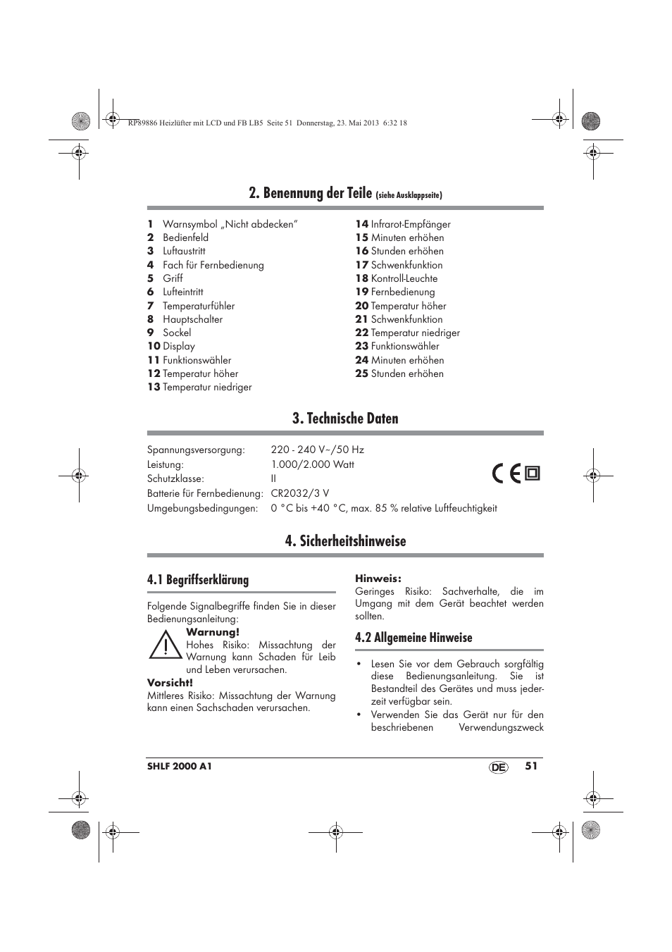 Benennung der teile, Technische daten, Sicherheitshinweise | 1 begriffserklärung, 2 allgemeine hinweise | Silvercrest SHLF 2000 A1 User Manual | Page 53 / 66