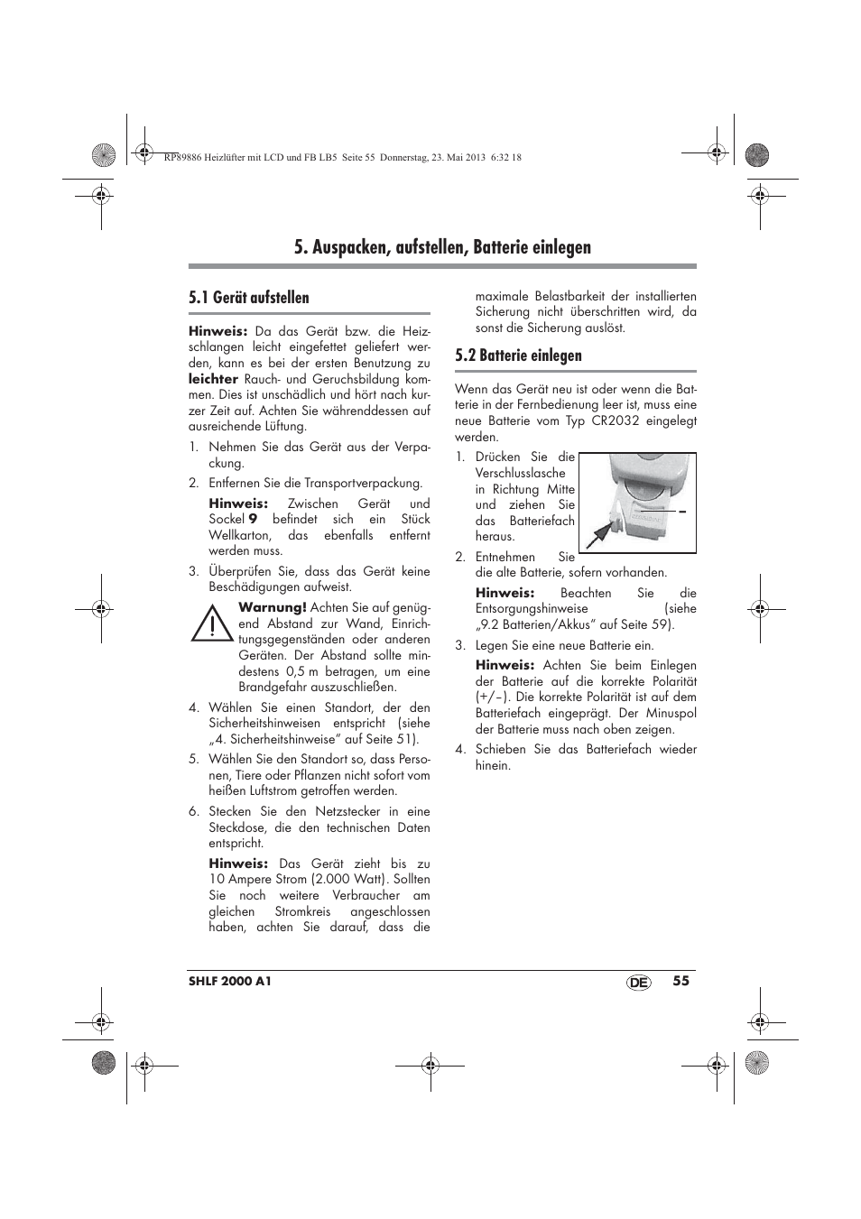 Auspacken, aufstellen, batterie einlegen, 1 gerät aufstellen, 2 batterie einlegen | Silvercrest SHLF 2000 A1 User Manual | Page 57 / 66