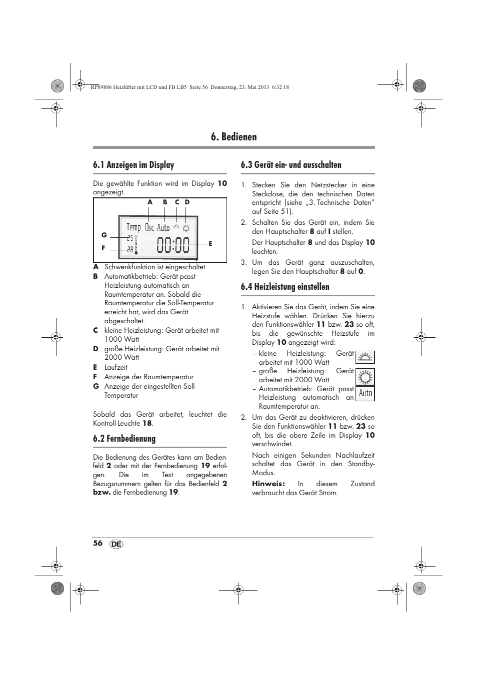 Bedienen, 1 anzeigen im display, 2 fernbedienung | 3 gerät ein- und ausschalten, 4 heizleistung einstellen | Silvercrest SHLF 2000 A1 User Manual | Page 58 / 66