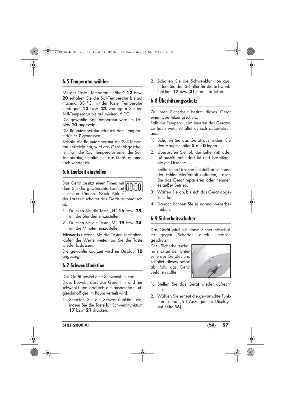 5 temperatur wählen, 6 laufzeit einstellen, 7 schwenkfunktion | 8 überhitzungsschutz, 9 sicherheitsschalter | Silvercrest SHLF 2000 A1 User Manual | Page 59 / 66