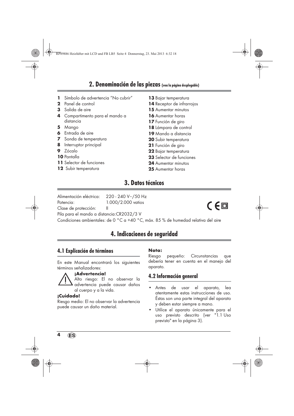 Denominación de las piezas, Datos técnicos, Indicaciones de seguridad | 1 explicación de términos, 2 información general | Silvercrest SHLF 2000 A1 User Manual | Page 6 / 66