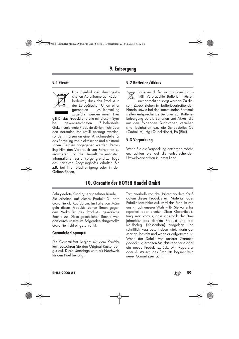 Entsorgung, Garantie der hoyer handel gmbh | Silvercrest SHLF 2000 A1 User Manual | Page 61 / 66