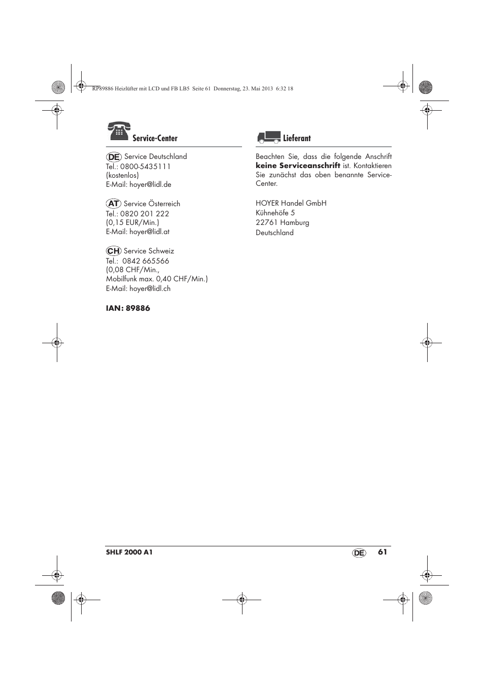 Service-center, Lieferant | Silvercrest SHLF 2000 A1 User Manual | Page 63 / 66