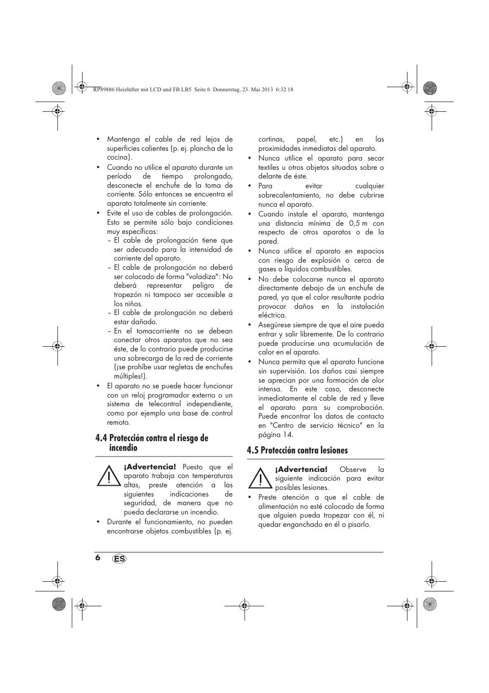 4 protección contra el riesgo de incendio, 5 protección contra lesiones | Silvercrest SHLF 2000 A1 User Manual | Page 8 / 66