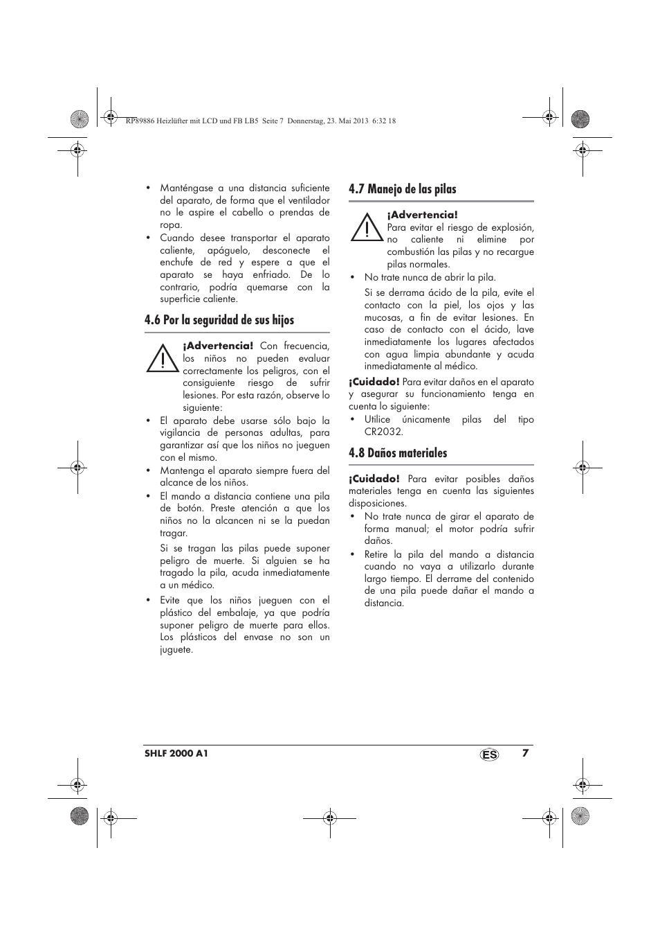 6 por la seguridad de sus hijos, 7 manejo de las pilas, 8 daños materiales | Silvercrest SHLF 2000 A1 User Manual | Page 9 / 66