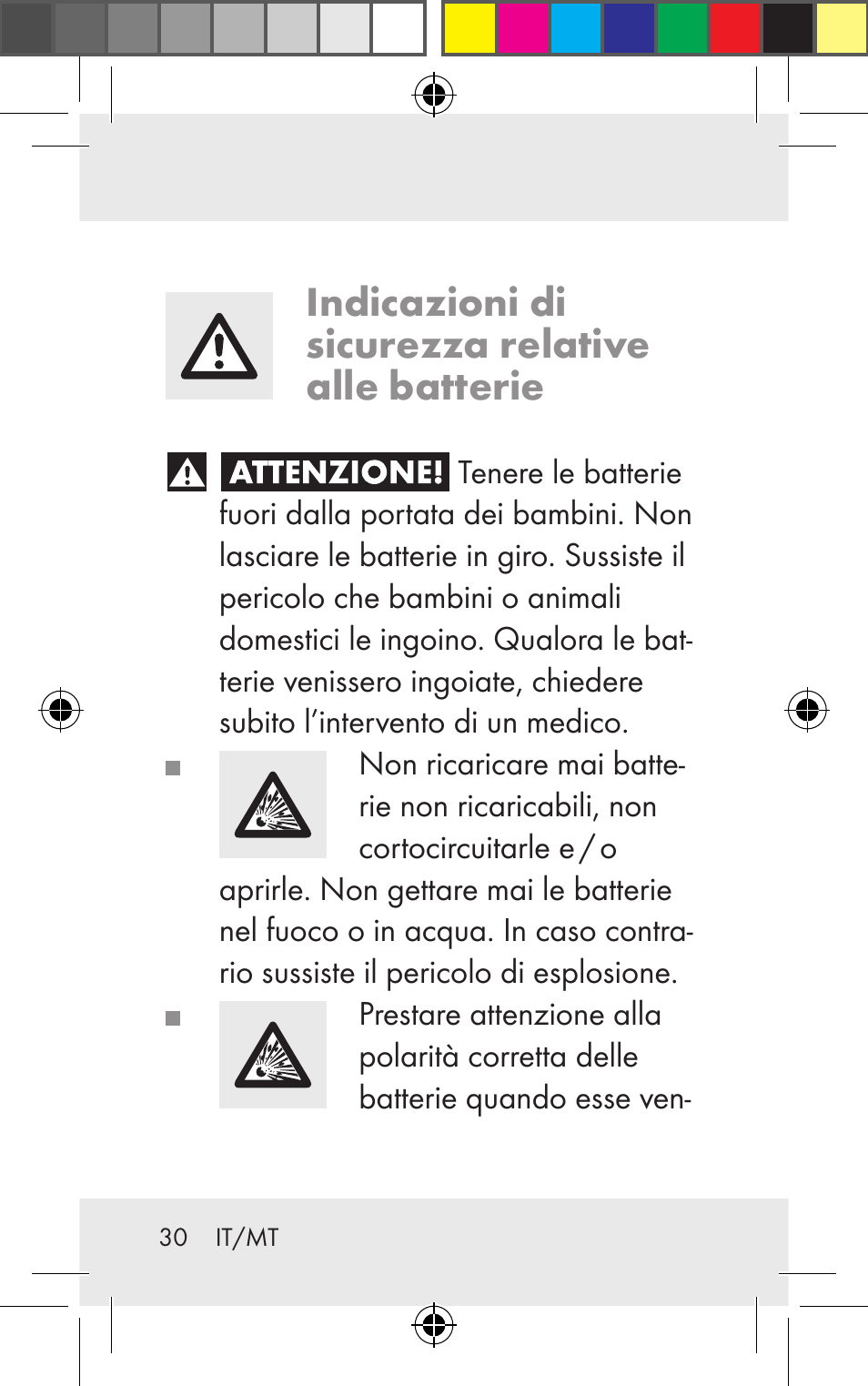 Indicazioni di sicurezza relative alle batterie | Silvercrest Z31123 User Manual | Page 30 / 98