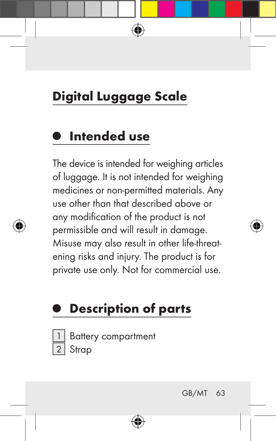 Digital luggage scale intended use, Description of parts | Silvercrest Z31123 User Manual | Page 63 / 98