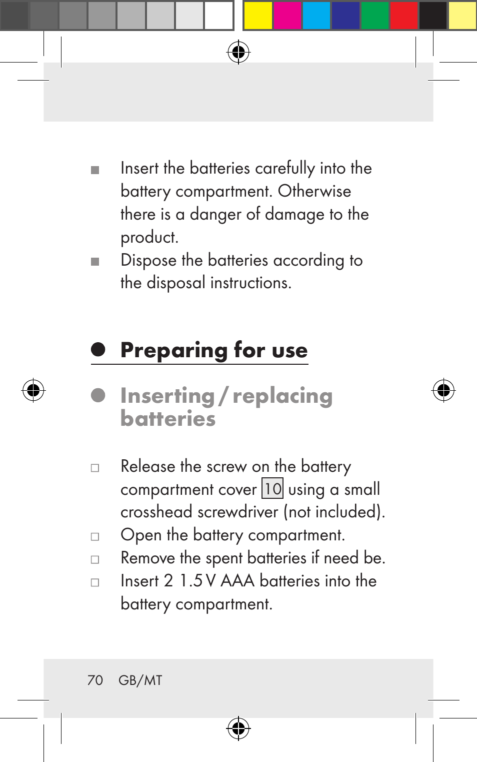 Preparing for use inserting / replacing batteries | Silvercrest Z31123 User Manual | Page 70 / 98