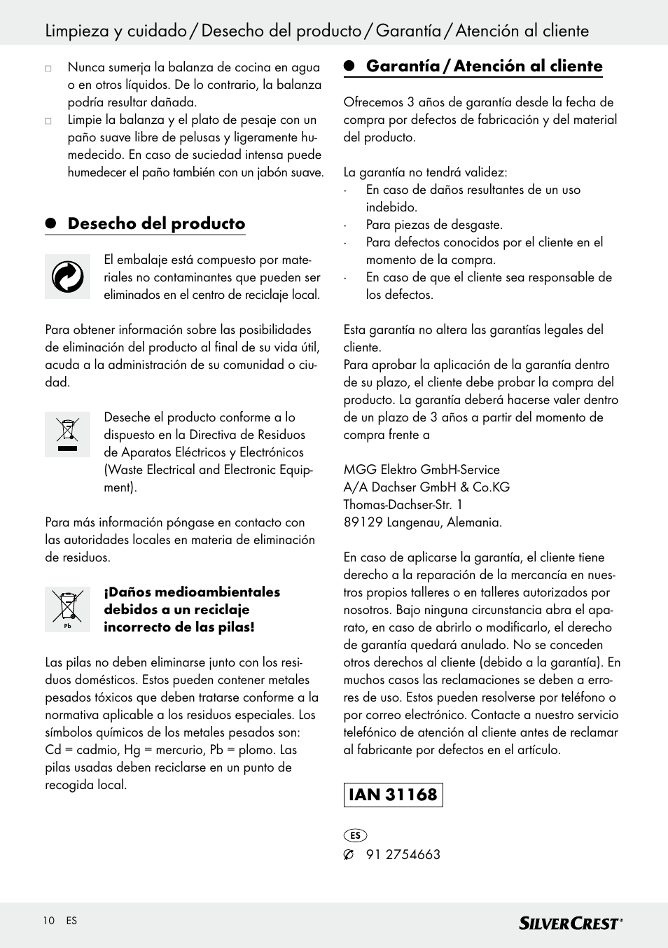 Desecho del producto, Garantía / atención al cliente | Silvercrest SKWD A1 User Manual | Page 10 / 38