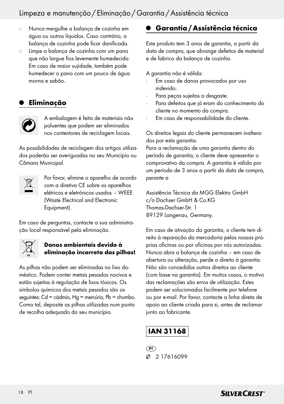 Eliminação, Garantia / assistência técnica | Silvercrest SKWD A1 User Manual | Page 18 / 38