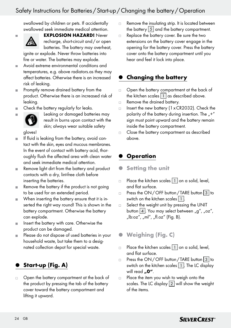 Start-up (fig. a), Changing the battery, Operation setting the unit | Weighing (fig. c) | Silvercrest SKWD A1 User Manual | Page 24 / 38