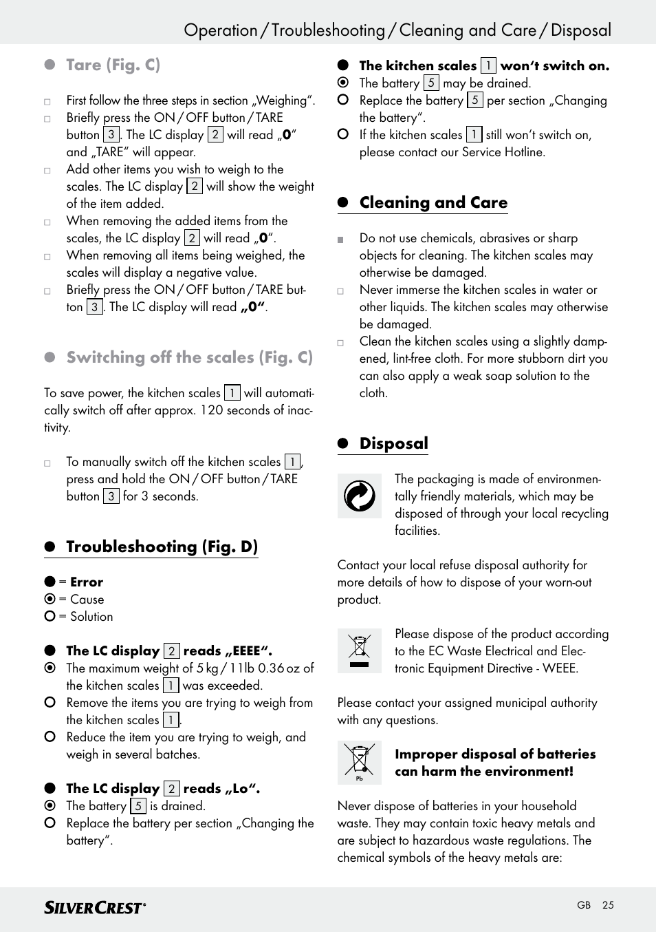 Tare (fig. c), Switching off the scales (fig. c), Troubleshooting (fig. d) | Cleaning and care, Disposal | Silvercrest SKWD A1 User Manual | Page 25 / 38