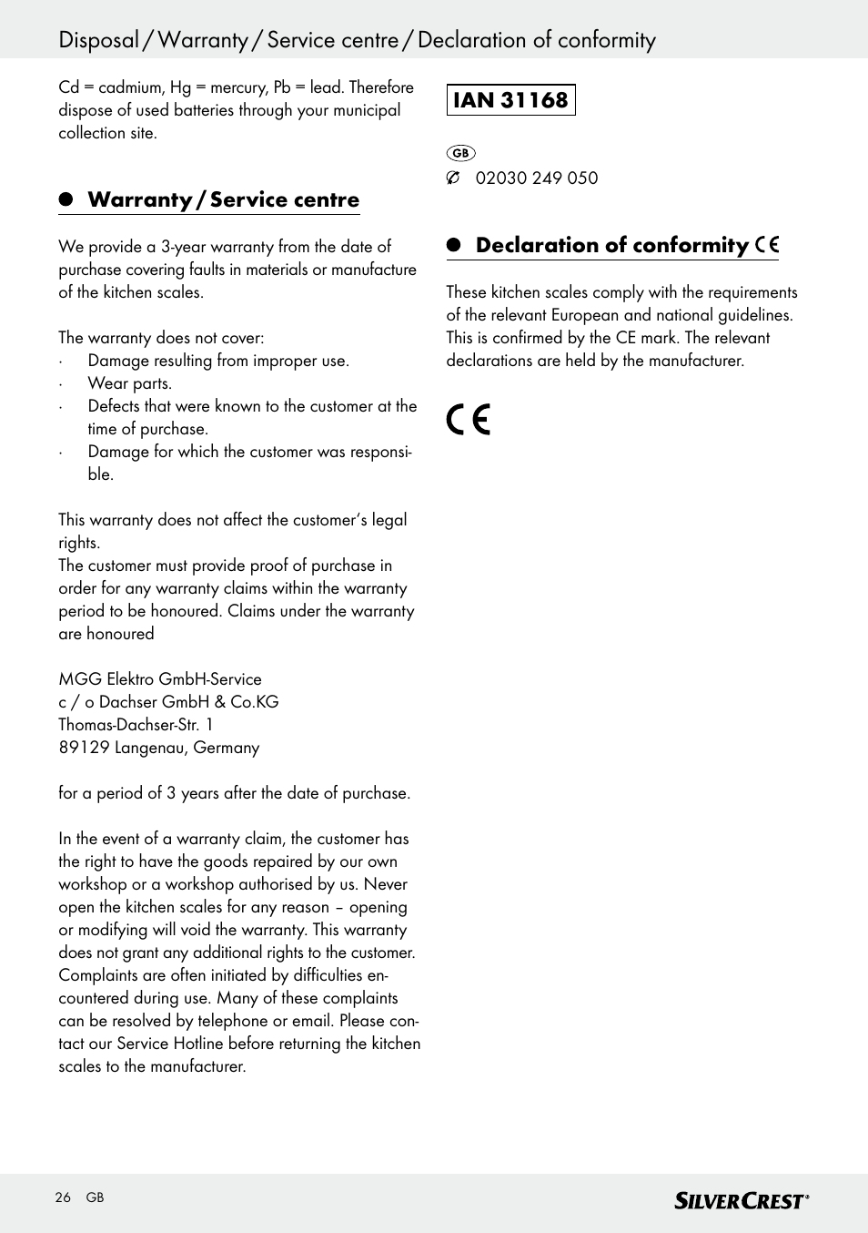 Warranty / service centre, Declaration of conformity | Silvercrest SKWD A1 User Manual | Page 26 / 38