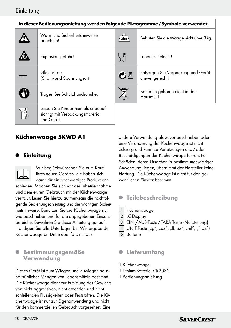 Einleitung, Küchenwaage skwd a1 einleitung, Bestimmungsgemäße verwendung | Teilebeschreibung, Lieferumfang | Silvercrest SKWD A1 User Manual | Page 28 / 38