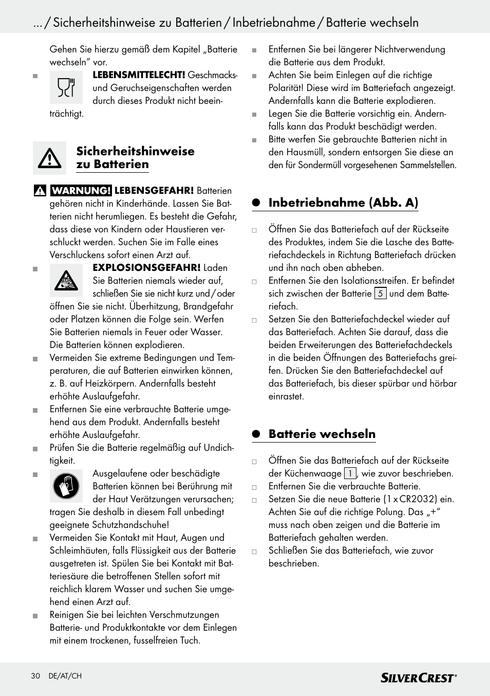 Sicherheitshinweise zu batterien, Inbetriebnahme (abb. a), Batterie wechseln | Silvercrest SKWD A1 User Manual | Page 30 / 38
