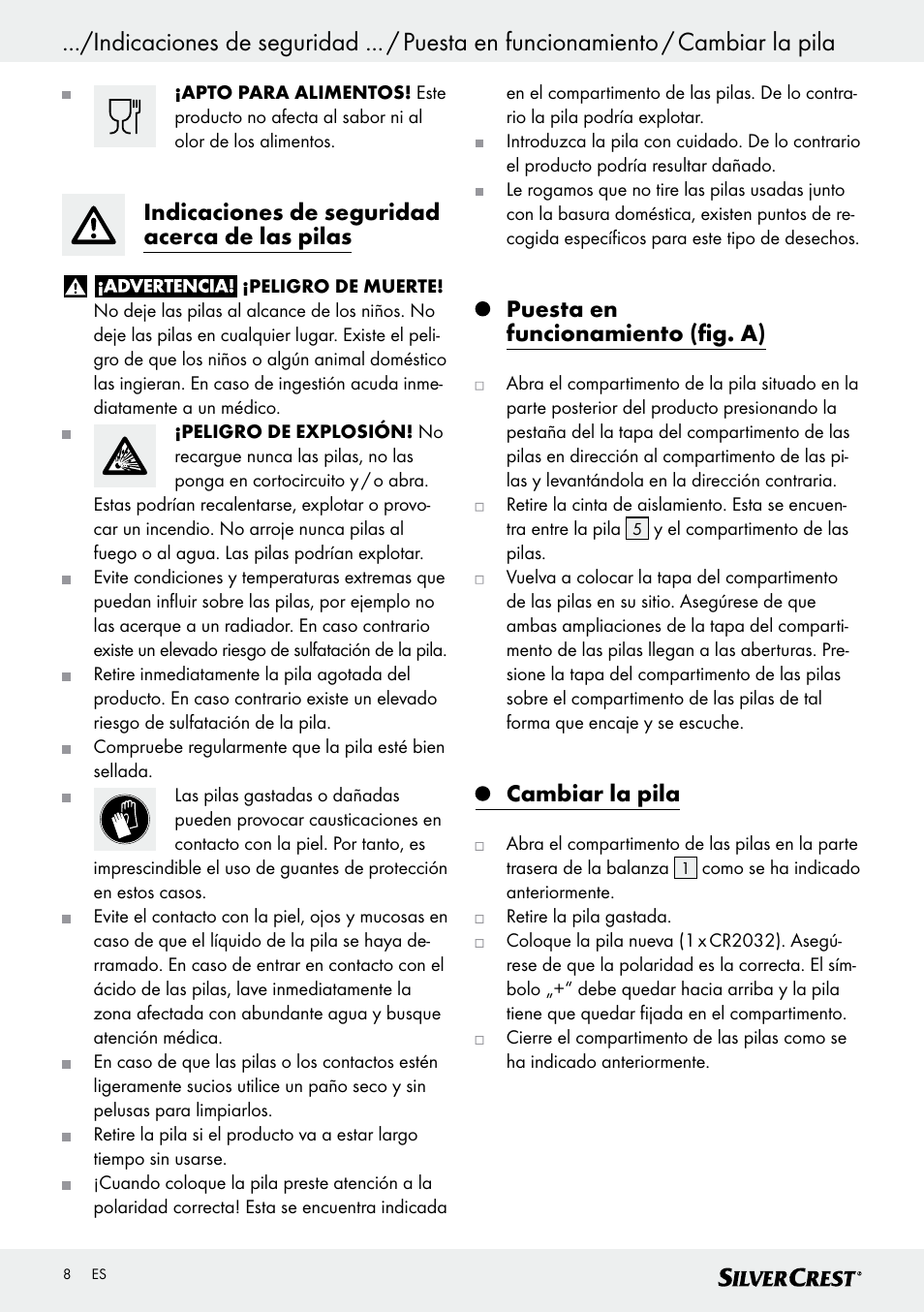 Indicaciones de seguridad acerca de las pilas, Puesta en funcionamiento (fig. a), Cambiar la pila | Silvercrest SKWD A1 User Manual | Page 8 / 38