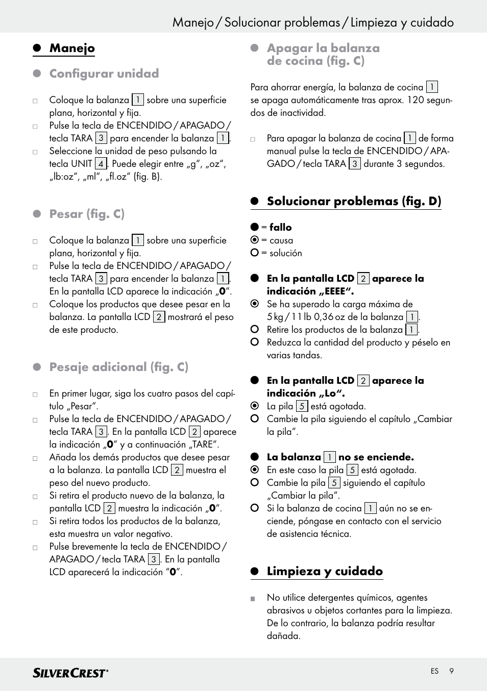 Manejo / solucionar problemas / limpieza y cuidado, Manejo configurar unidad, Pesar (fig. c) | Pesaje adicional (fig. c), Apagar la balanza de cocina (fig. c), Solucionar problemas (fig. d), Limpieza y cuidado | Silvercrest SKWD A1 User Manual | Page 9 / 38