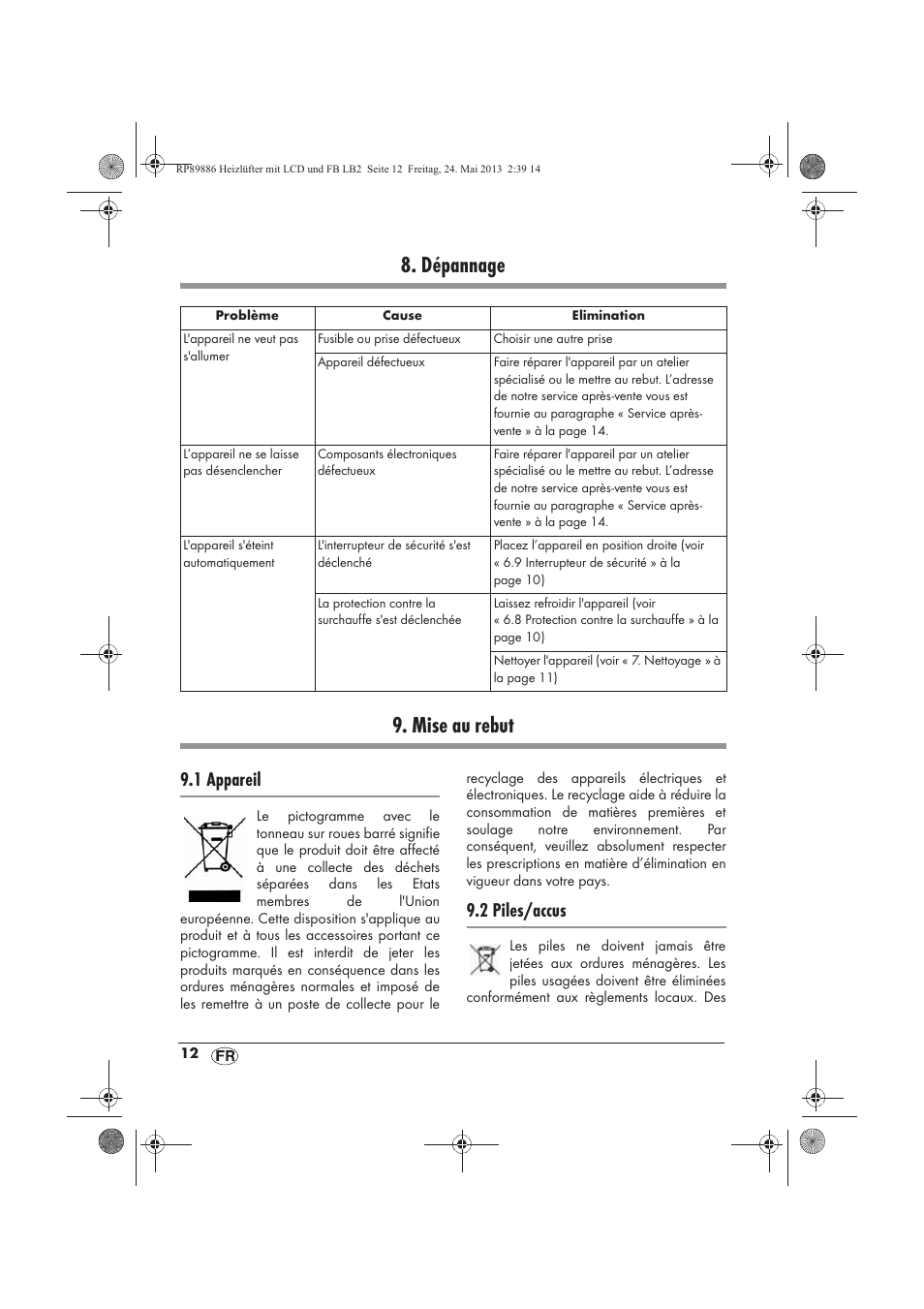 Dépannage 9. mise au rebut, 1 appareil, 2 piles/accus | Silvercrest SHLF 2000 A1 User Manual | Page 14 / 54