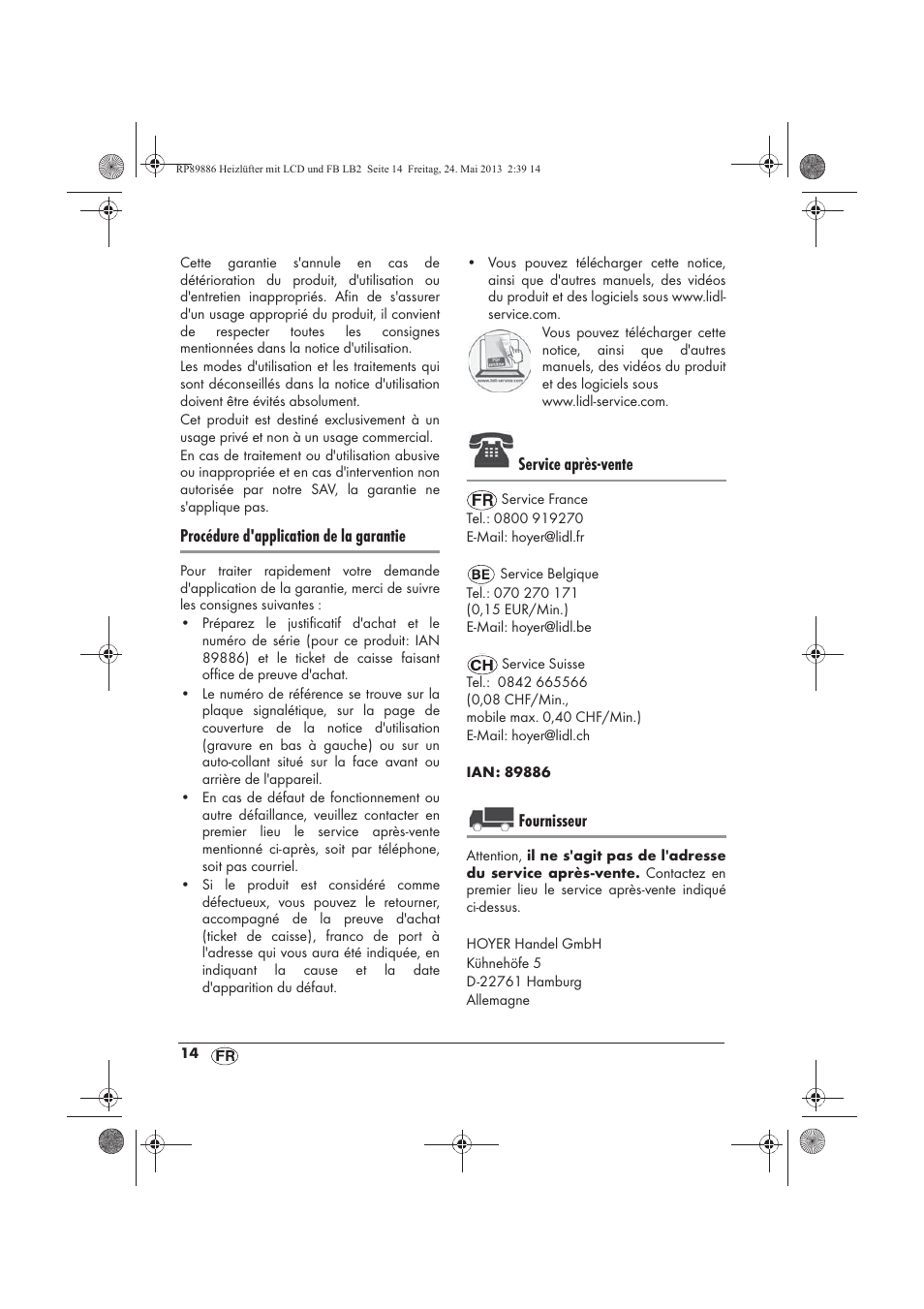 Procédure d'application de la garantie, Service après-vente, Fournisseur | Silvercrest SHLF 2000 A1 User Manual | Page 16 / 54