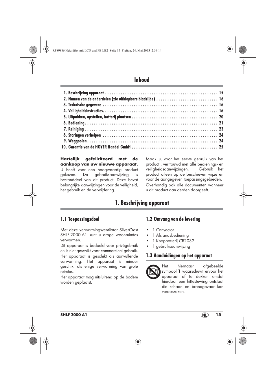 Inhoud, Beschrijving apparaat | Silvercrest SHLF 2000 A1 User Manual | Page 17 / 54