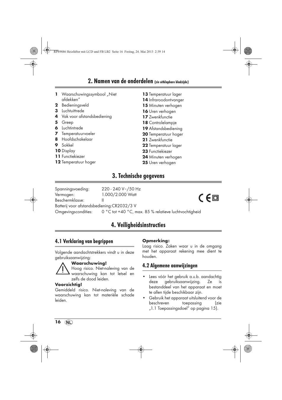Namen van de onderdelen, Technische gegevens, Veiligheidsinstructies | 1 verklaring van begrippen, 2 algemene aanwijzingen | Silvercrest SHLF 2000 A1 User Manual | Page 18 / 54