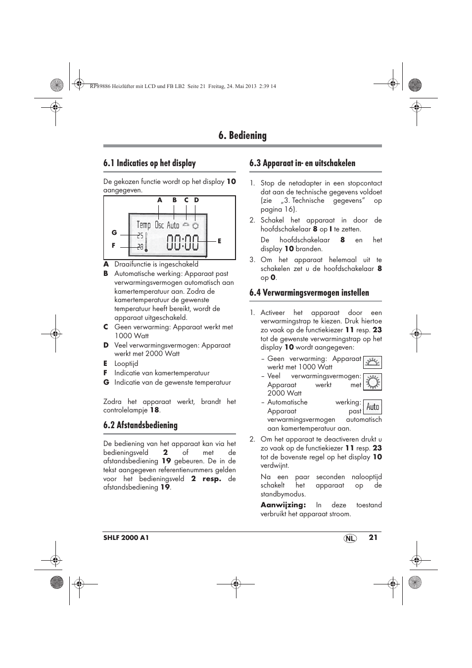 Bediening, 1 indicaties op het display, 2 afstandsbediening | 3 apparaat in- en uitschakelen, 4 verwarmingsvermogen instellen | Silvercrest SHLF 2000 A1 User Manual | Page 23 / 54