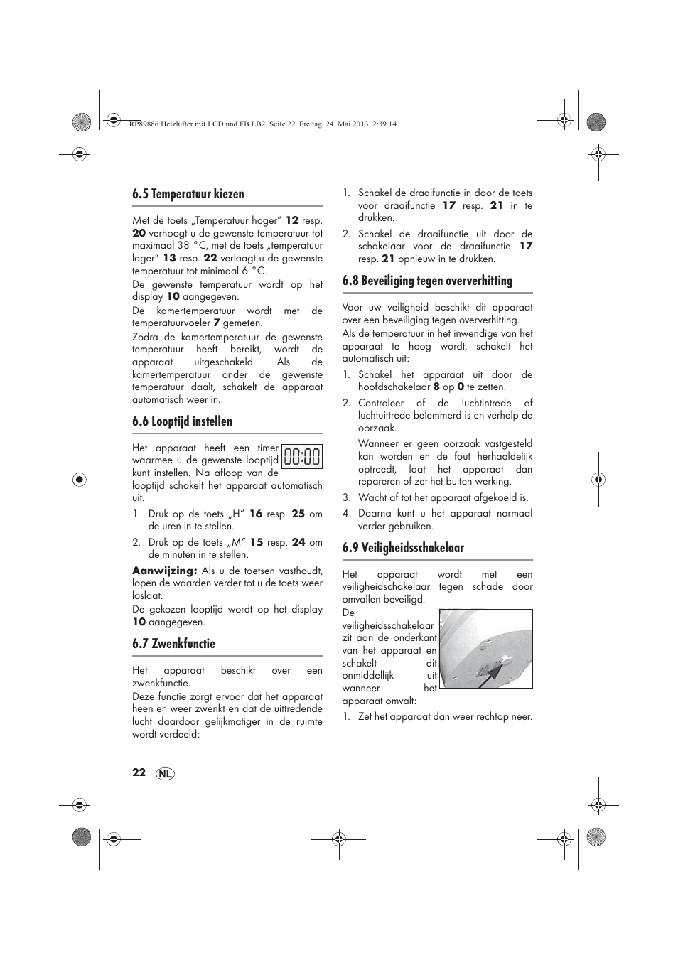 5 temperatuur kiezen, 6 looptijd instellen, 7 zwenkfunctie | 8 beveiliging tegen oververhitting, 9 veiligheidsschakelaar | Silvercrest SHLF 2000 A1 User Manual | Page 24 / 54