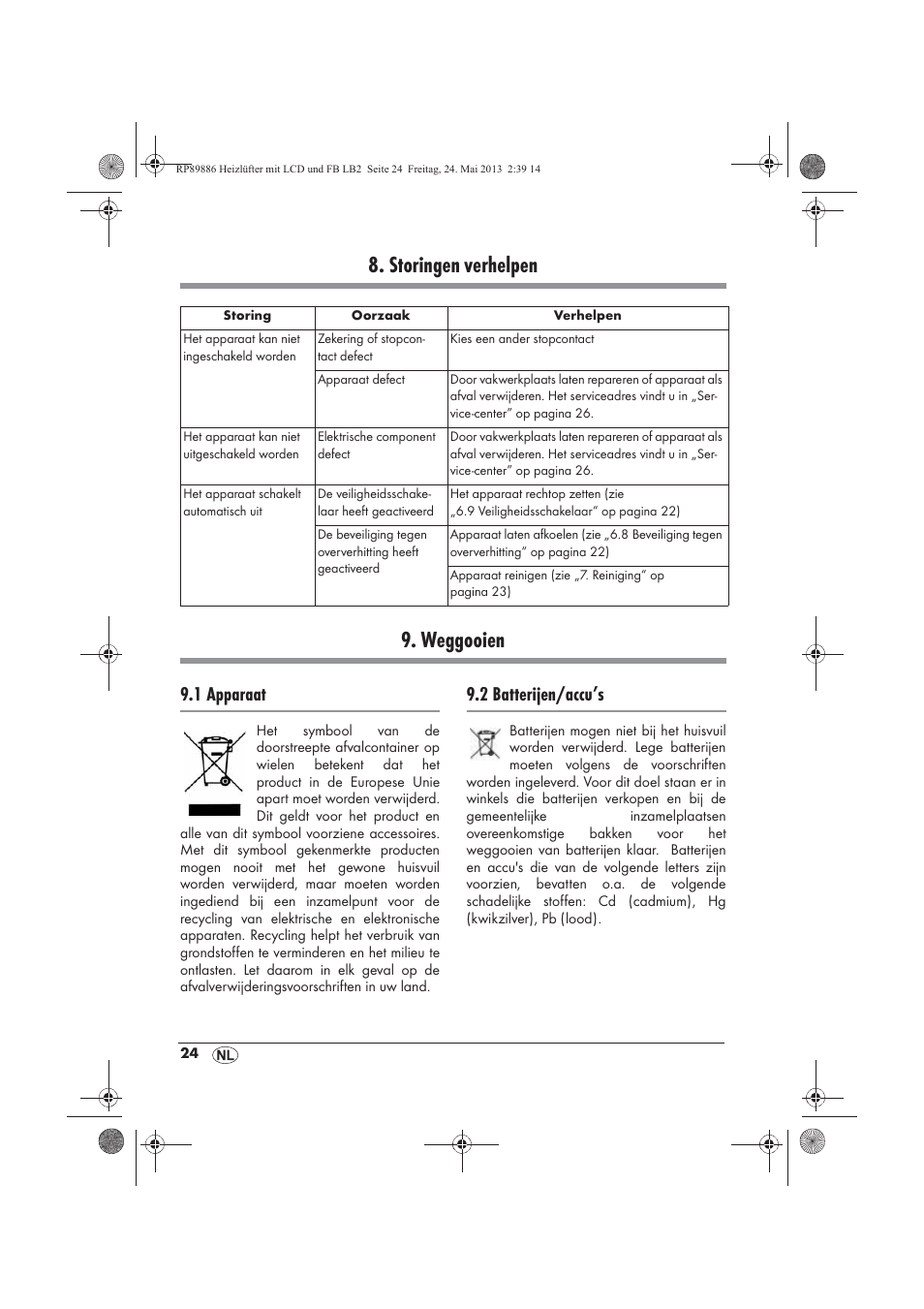 Storingen verhelpen 9. weggooien, 1 apparaat, 2 batterijen/accu’s | Silvercrest SHLF 2000 A1 User Manual | Page 26 / 54