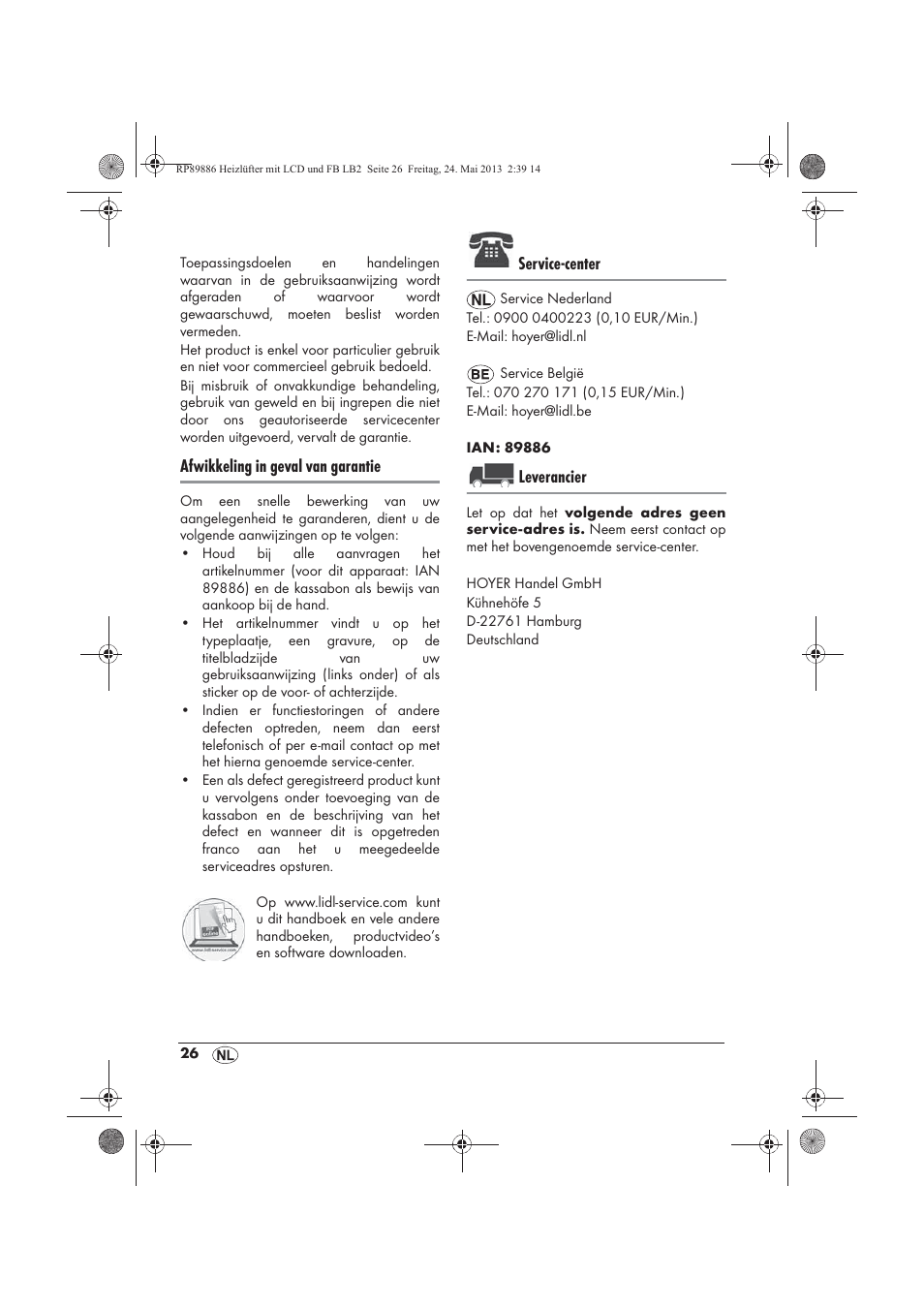 Afwikkeling in geval van garantie, Service-center, Leverancier | Silvercrest SHLF 2000 A1 User Manual | Page 28 / 54