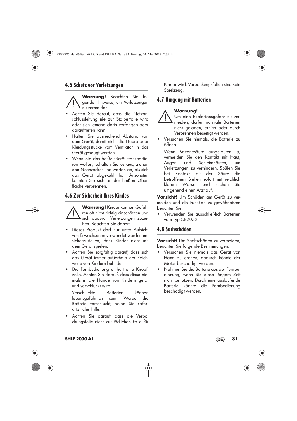 5 schutz vor verletzungen, 6 zur sicherheit ihres kindes, 7 umgang mit batterien | 8 sachschäden | Silvercrest SHLF 2000 A1 User Manual | Page 33 / 54