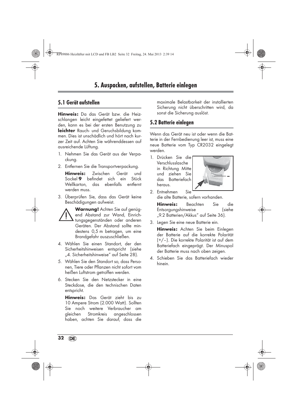 Auspacken, aufstellen, batterie einlegen, 1 gerät aufstellen, 2 batterie einlegen | Silvercrest SHLF 2000 A1 User Manual | Page 34 / 54