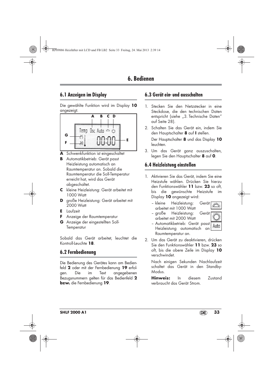 Bedienen, 1 anzeigen im display, 2 fernbedienung | 3 gerät ein- und ausschalten, 4 heizleistung einstellen | Silvercrest SHLF 2000 A1 User Manual | Page 35 / 54