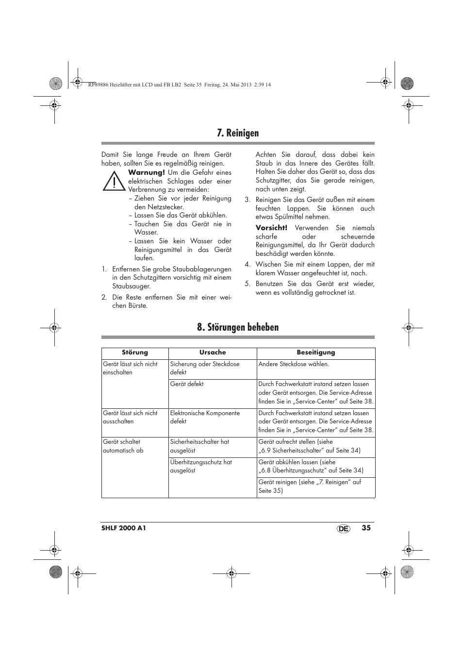Reinigen, Störungen beheben | Silvercrest SHLF 2000 A1 User Manual | Page 37 / 54