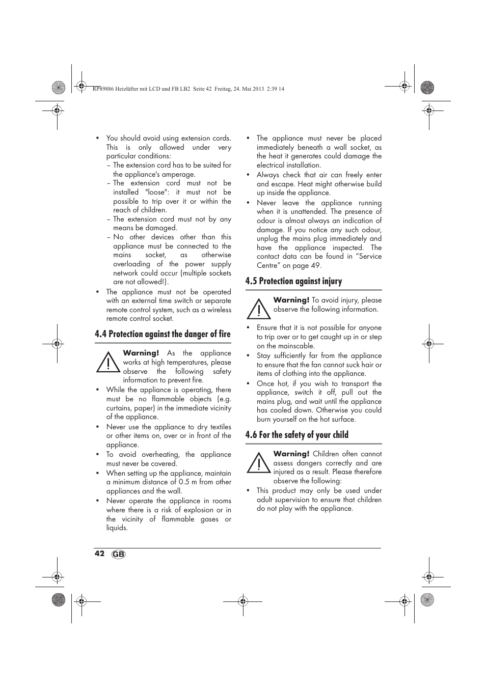 4 protection against the danger of fire, 5 protection against injury, 6 for the safety of your child | Silvercrest SHLF 2000 A1 User Manual | Page 44 / 54