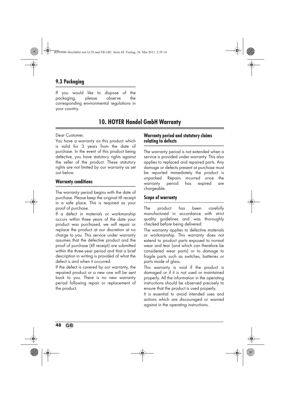 Hoyer handel gmbh warranty | Silvercrest SHLF 2000 A1 User Manual | Page 50 / 54