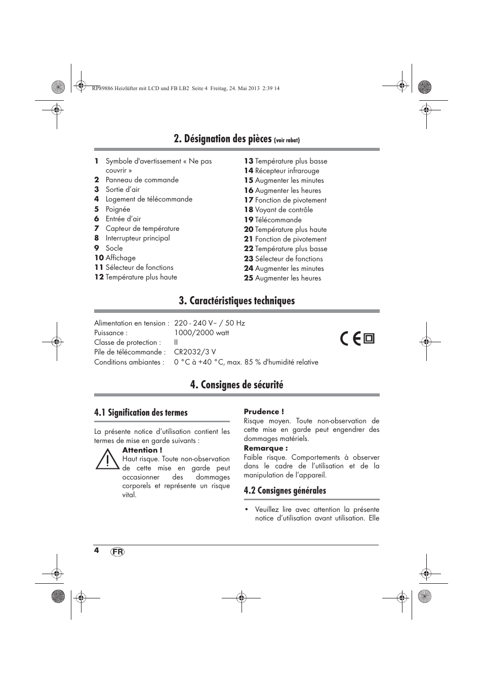 Désignation des pièces, Caractéristiques techniques, Consignes de sécurité | 1 signification des termes, 2 consignes générales | Silvercrest SHLF 2000 A1 User Manual | Page 6 / 54